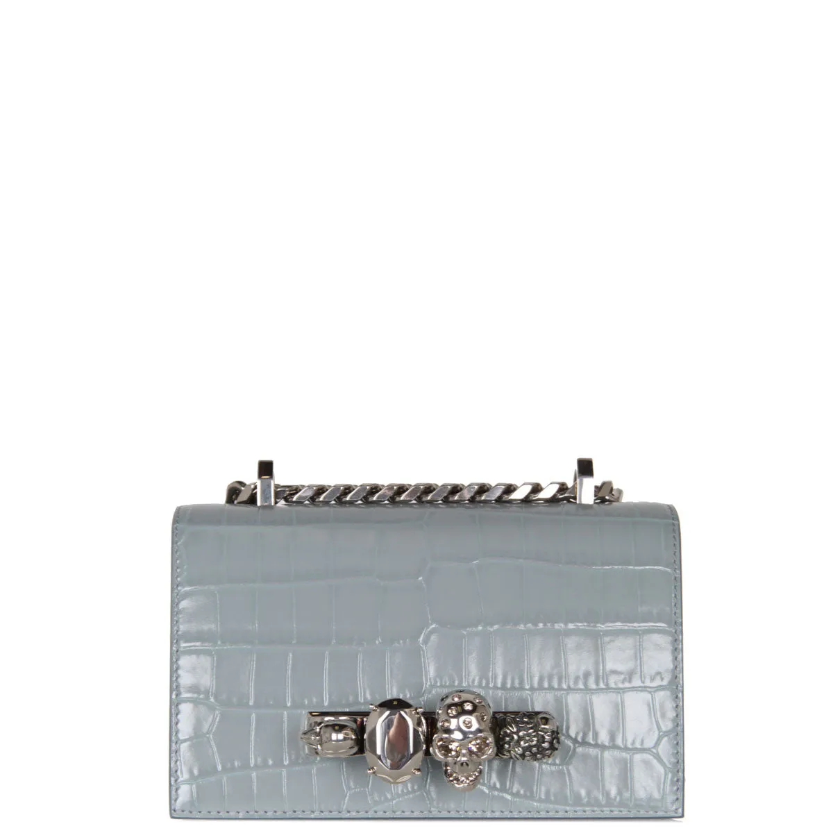 Jewelled Knuckle Satchel Mini Croc, Blue/Grey