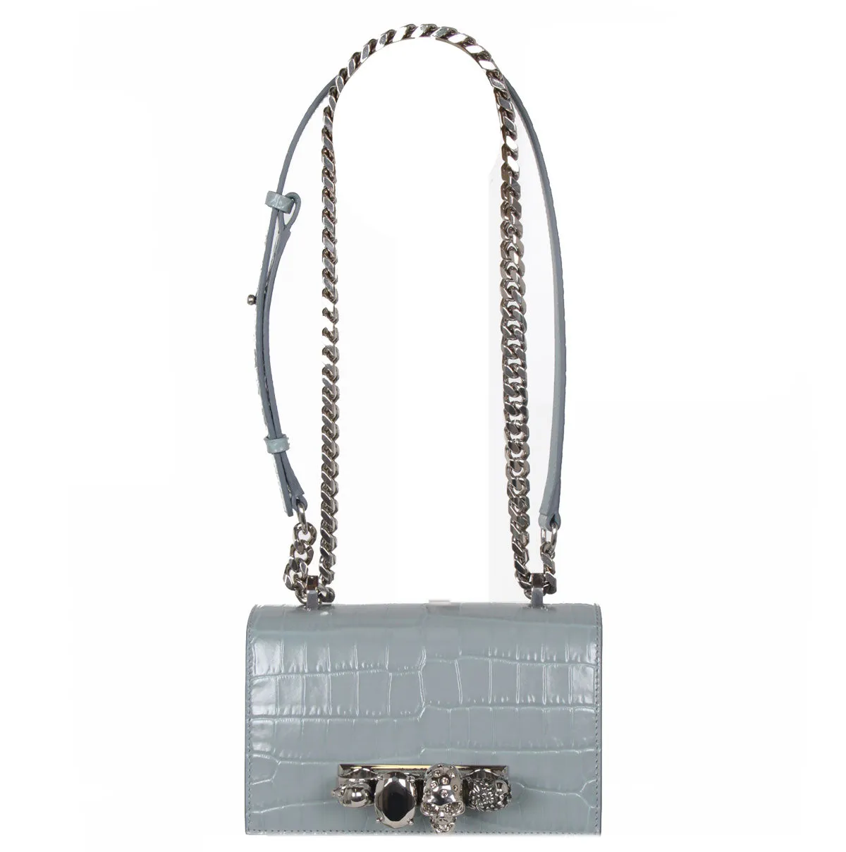 Jewelled Knuckle Satchel Mini Croc, Blue/Grey