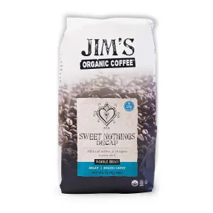 Jim’s Organic Coffee – Sweet Nothings Decaf – Light Roast, Whole Bean (12oz) - 100% Arabica Coffee Beans - USDA Organic – Kosher – Swiss Water Process Decaffeinated Coffee Beans
