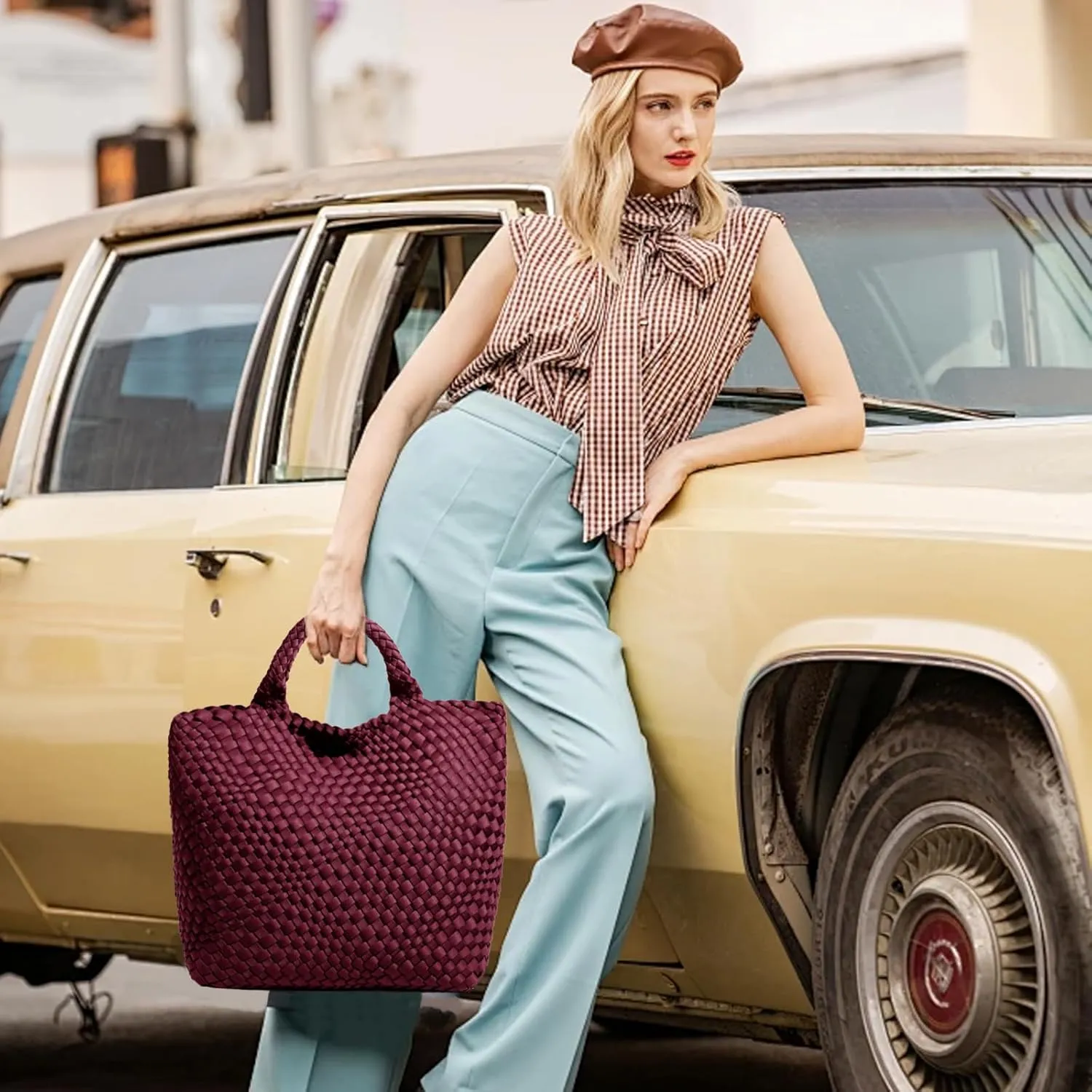 JINMANXUE Woven Hobo Bag For Women Neoprene Tote Bag Large Capacity Handbag Patchwork Handmade Casual Shoulder Bags