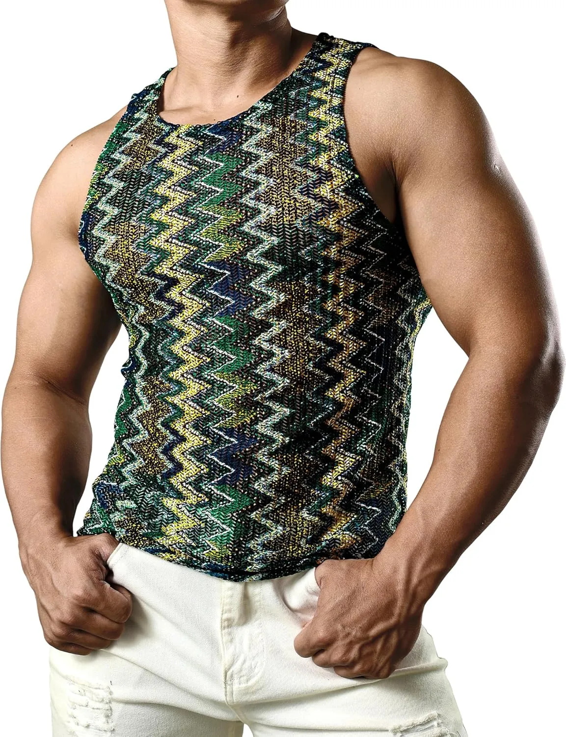 JOGAL Mens Boho Summer Tank Top Sleeveless Muscle Mesh Shirt