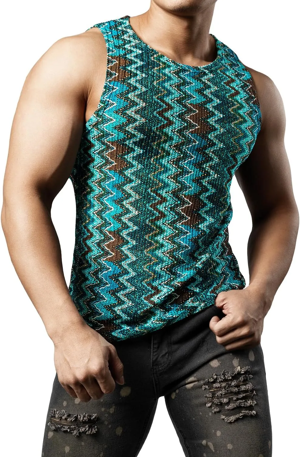 JOGAL Mens Boho Summer Tank Top Sleeveless Muscle Mesh Shirt