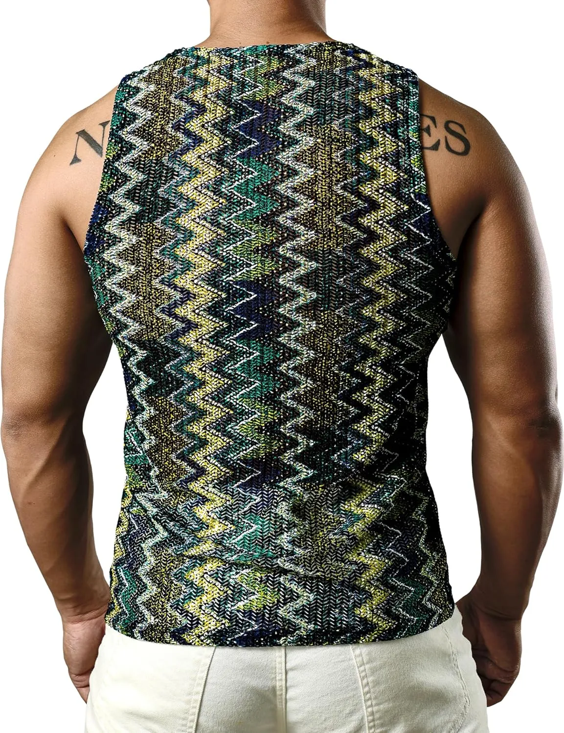 JOGAL Mens Boho Summer Tank Top Sleeveless Muscle Mesh Shirt