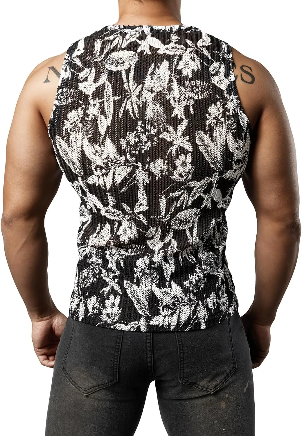 JOGAL Mens Boho Summer Tank Top Sleeveless Muscle Mesh Shirt