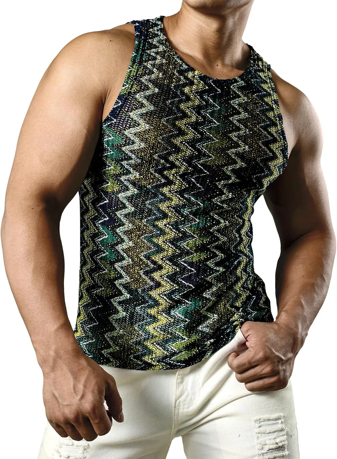 JOGAL Mens Boho Summer Tank Top Sleeveless Muscle Mesh Shirt
