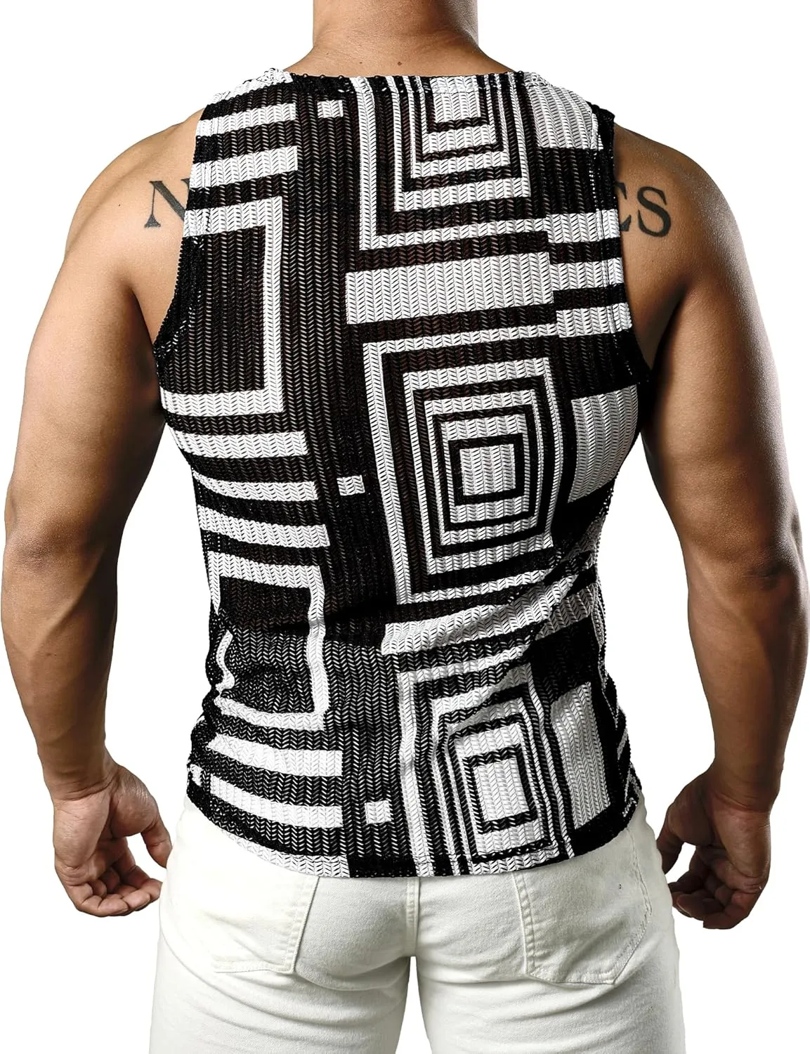 JOGAL Mens Boho Summer Tank Top Sleeveless Muscle Mesh Shirt