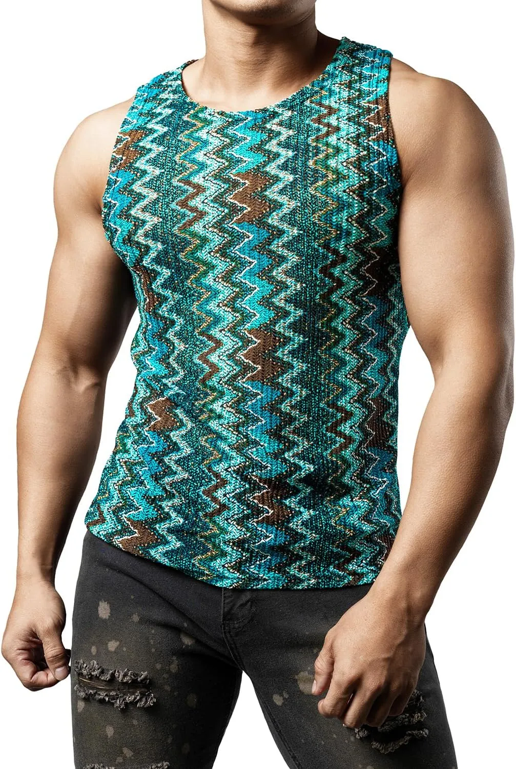 JOGAL Mens Boho Summer Tank Top Sleeveless Muscle Mesh Shirt