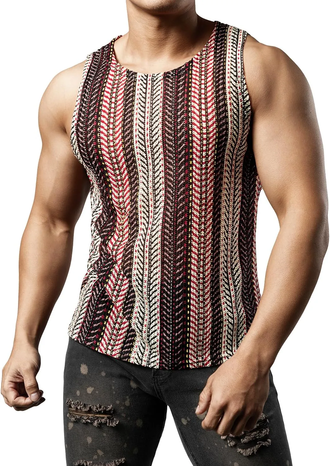 JOGAL Mens Boho Summer Tank Top Sleeveless Muscle Mesh Shirt