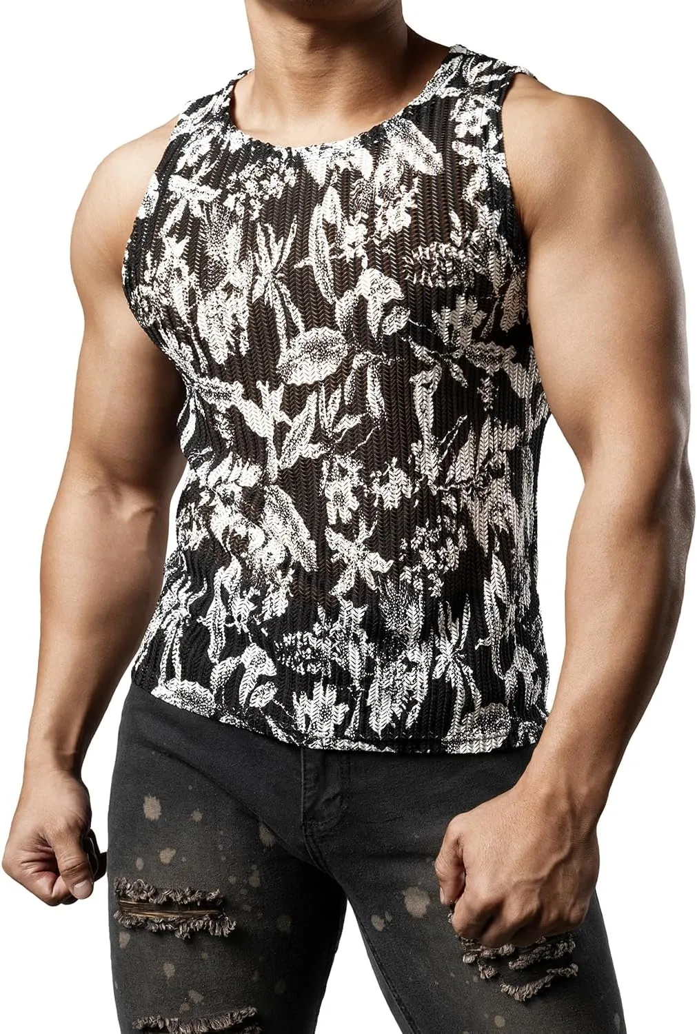 JOGAL Mens Boho Summer Tank Top Sleeveless Muscle Mesh Shirt