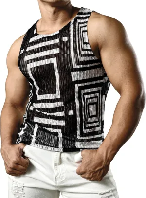 JOGAL Mens Boho Summer Tank Top Sleeveless Muscle Mesh Shirt