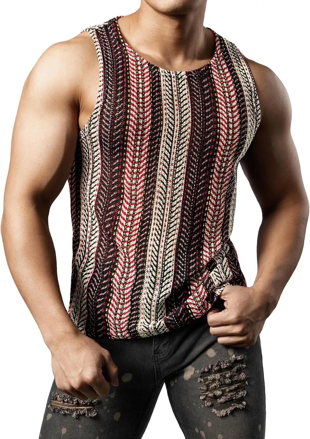 JOGAL Mens Boho Summer Tank Top Sleeveless Muscle Mesh Shirt