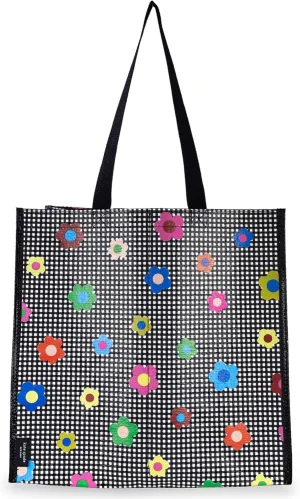 kate spade new york Reusable Shopping Bag, Grocery Tote with Shoulder Straps, Large Collapsible Tote, Gingham Garden