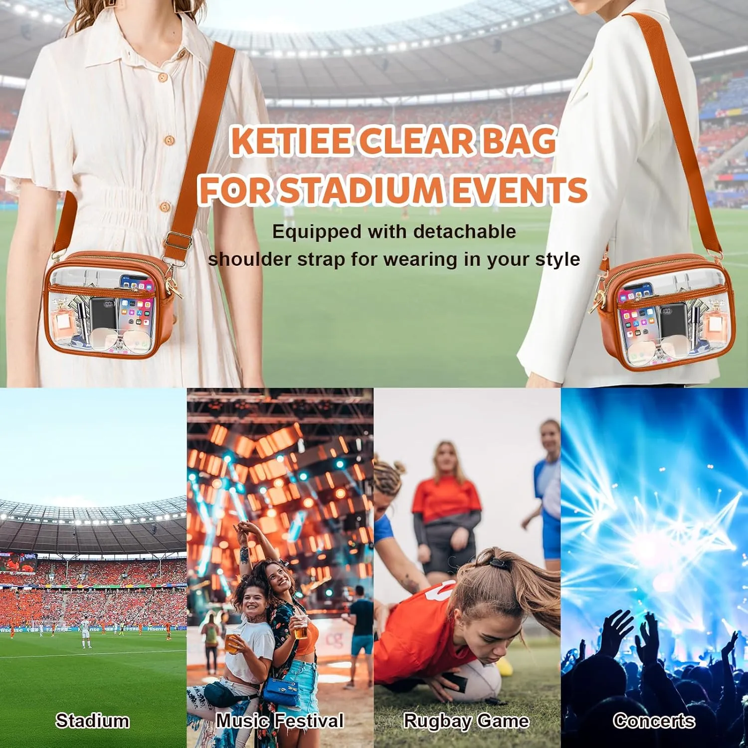 KETIEE Clear Crossbody Bag, Stadium Approved Clear Purse Bag for Concerts Sports Events Festivals