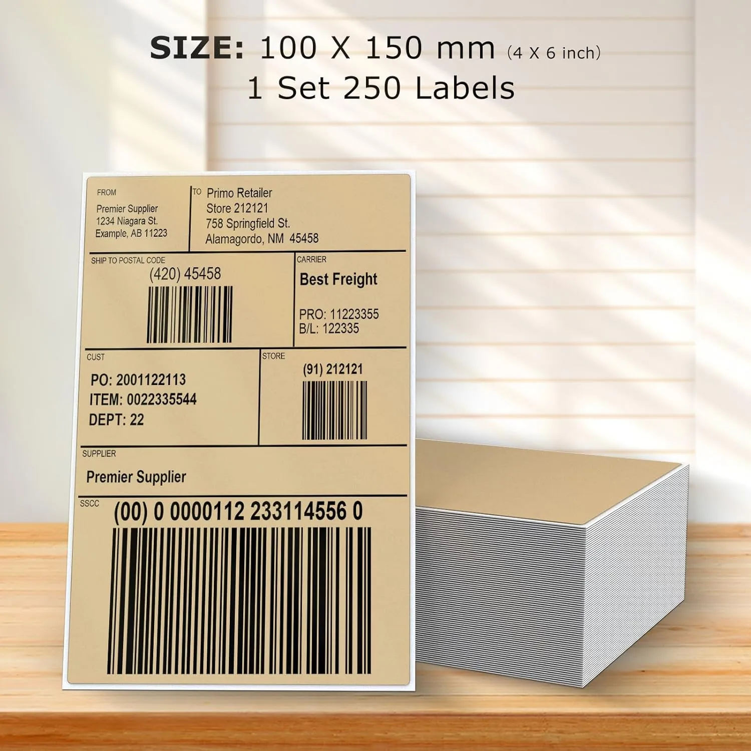 Khaki Thermal Labels 4 × 6 Inch Vinyl Fanfold Self-Adhesive Stickers Perforated Waterproof Shipping Printer Decals for Barcode Address Mailing 250 PCS