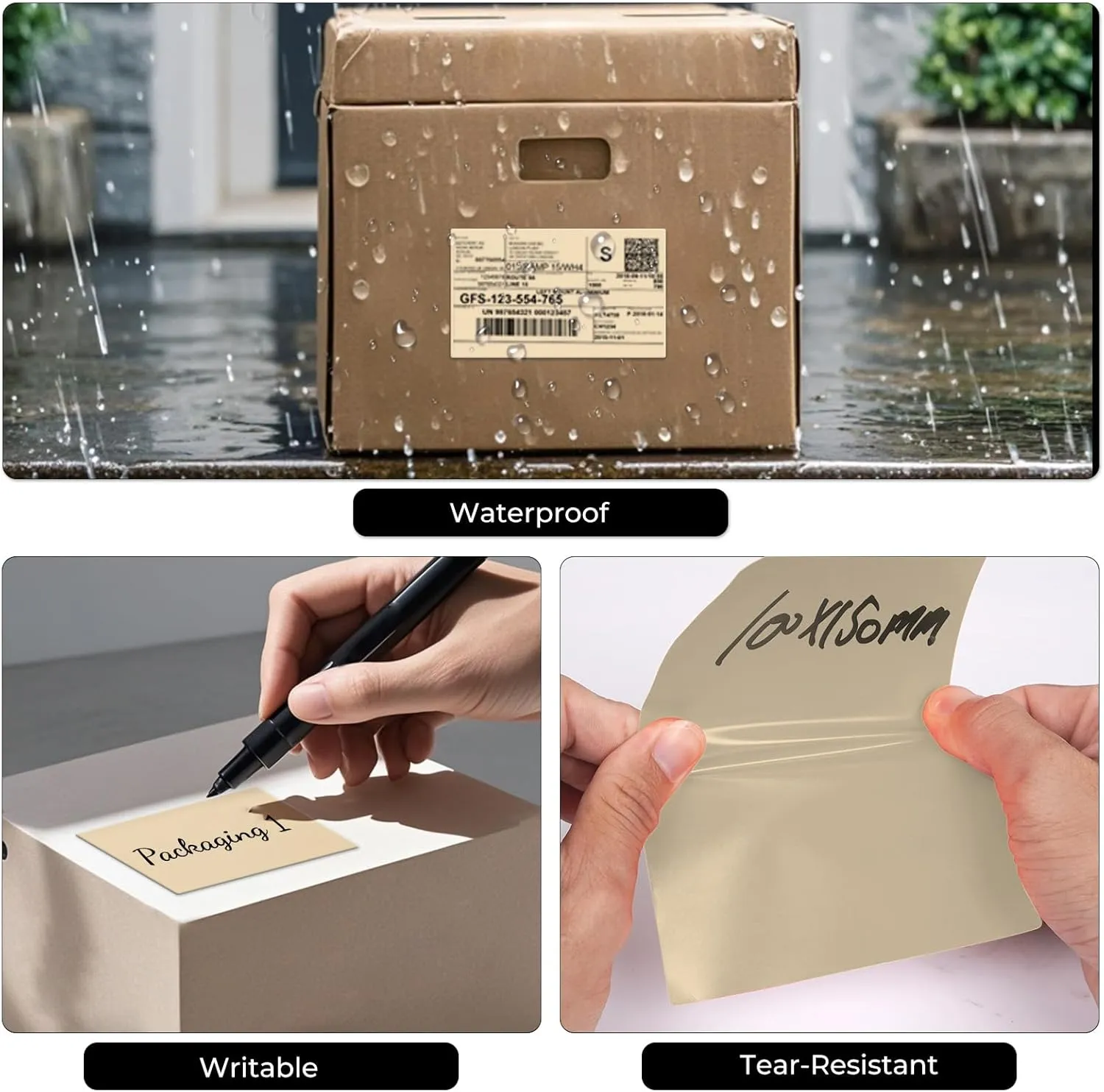 Khaki Thermal Labels 4 × 6 Inch Vinyl Fanfold Self-Adhesive Stickers Perforated Waterproof Shipping Printer Decals for Barcode Address Mailing 250 PCS