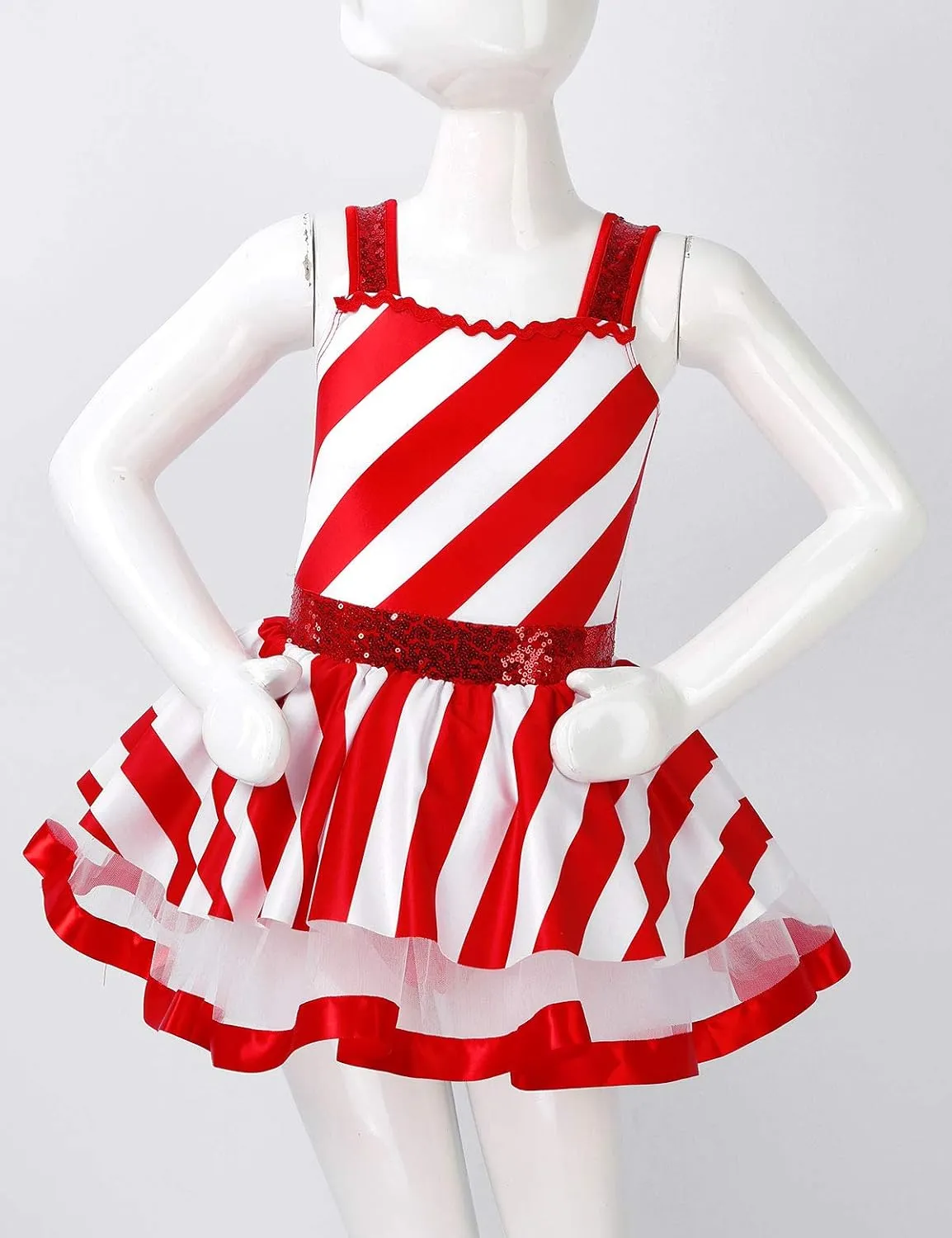 Kids Girls Christmas Dance Costumes Sleeveless Sequins Tutu Dress Figure Ice Skating Dresses