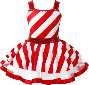Kids Girls Christmas Dance Costumes Sleeveless Sequins Tutu Dress Figure Ice Skating Dresses