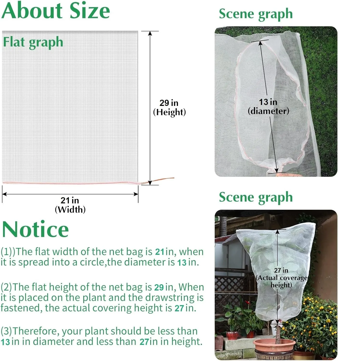 Kikhope 10pcs Fruit Protection Netting Bags, 29"x21" Insect Bird Barrier Mesh, Tree Netting for Fruits & Vegetables