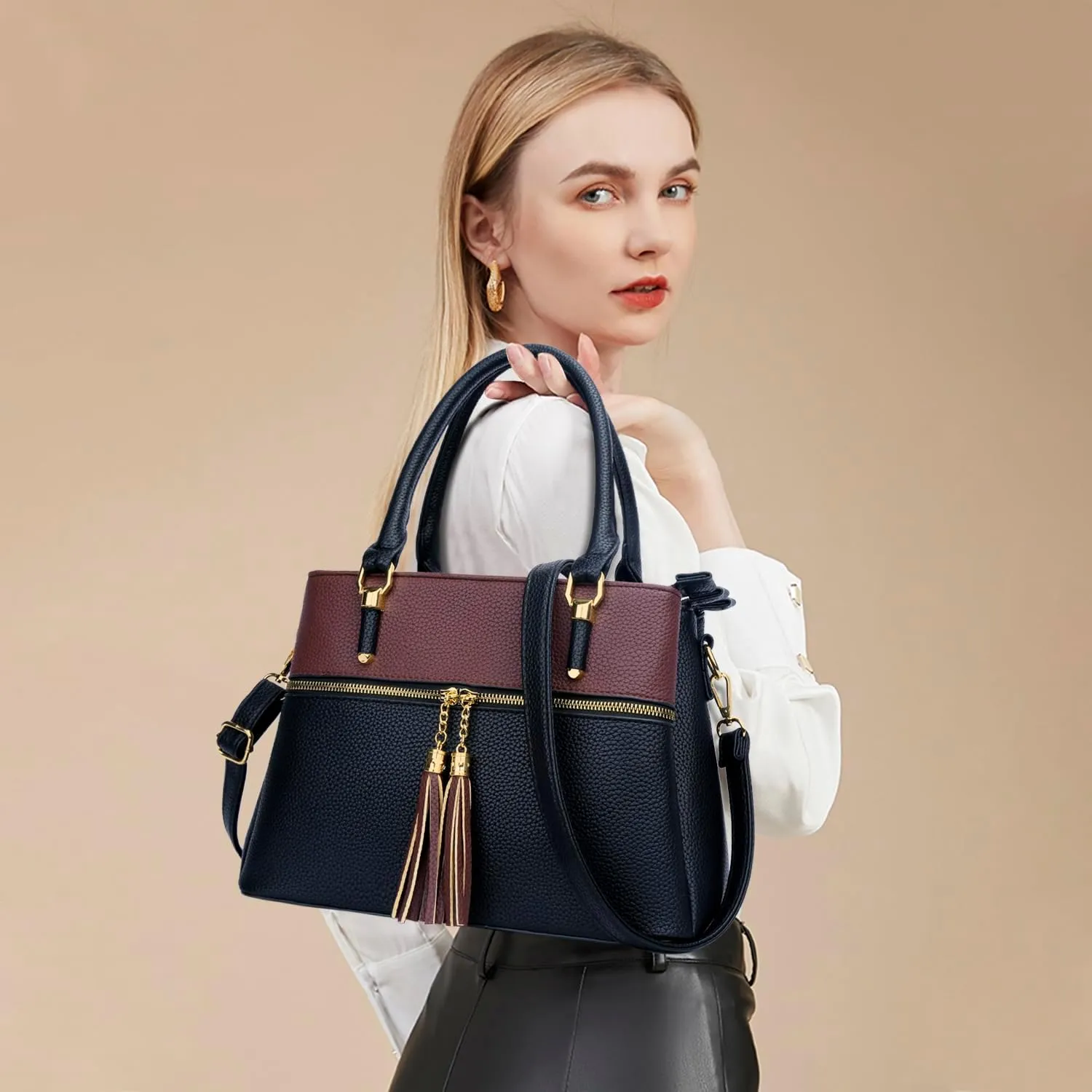 KKXIU Women Satchel Bags Handle Shoulder Handbags and Purses Pockets Zipper Leather Crossbody Bags