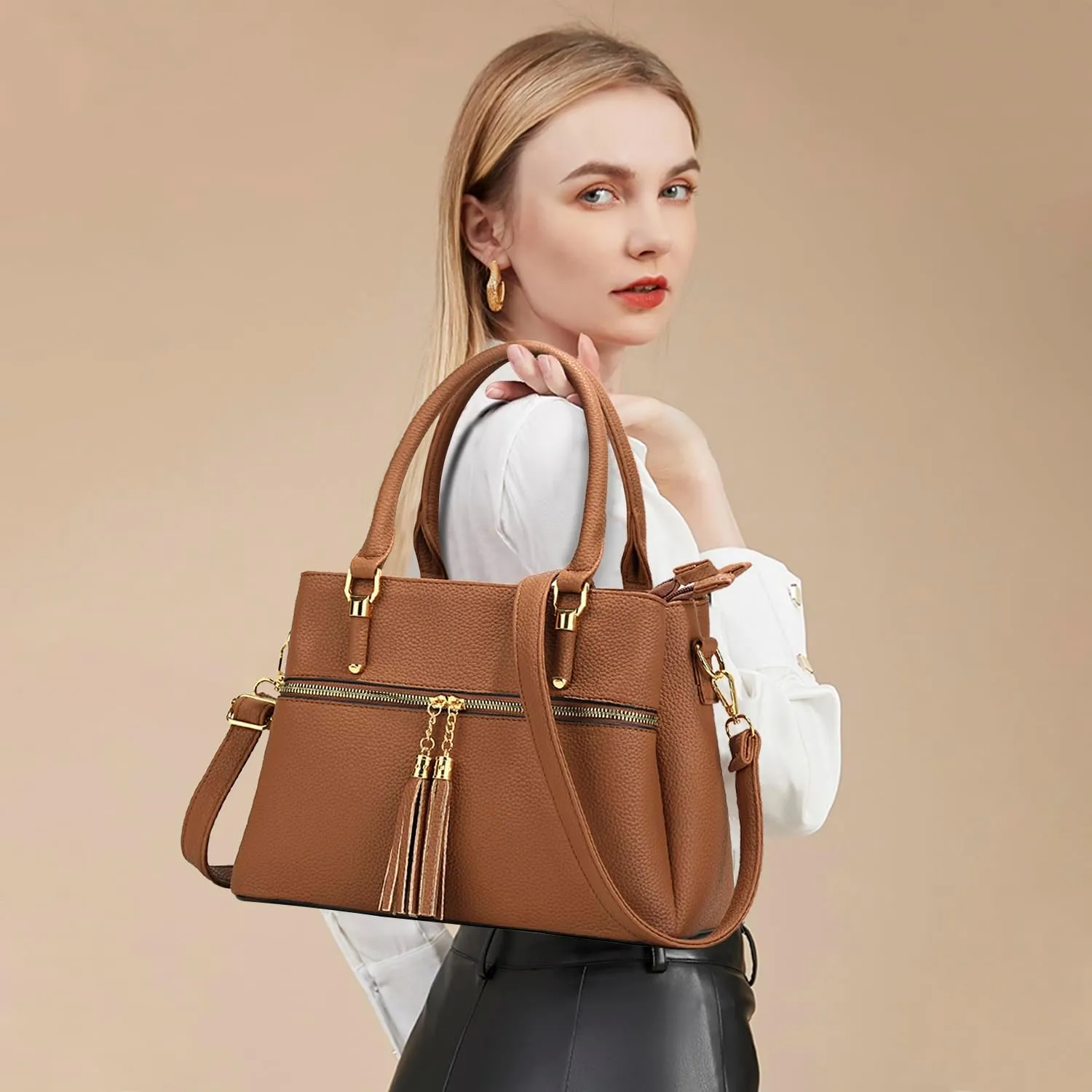 KKXIU Women Satchel Bags Handle Shoulder Handbags and Purses Pockets Zipper Leather Crossbody Bags