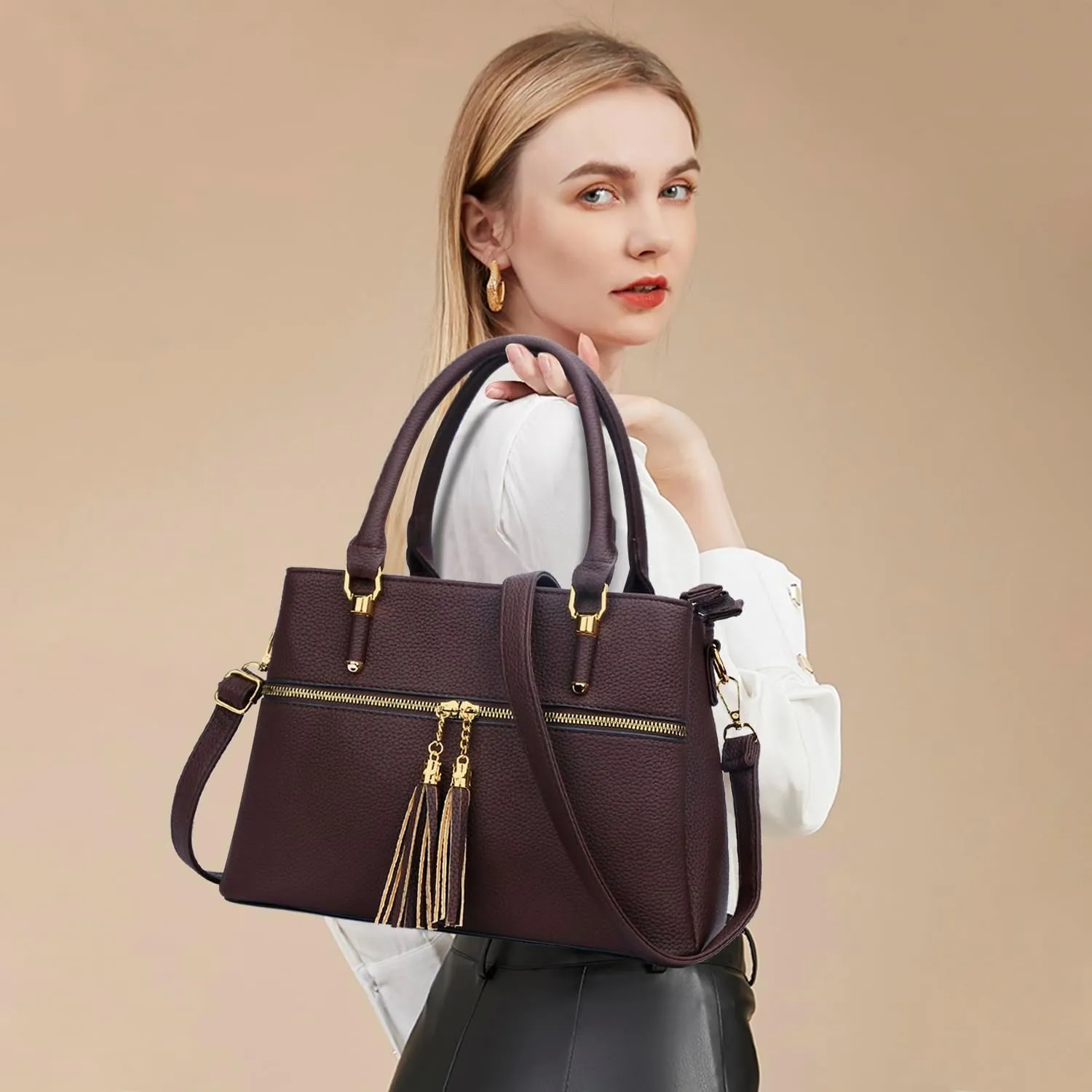 KKXIU Women Satchel Bags Handle Shoulder Handbags and Purses Pockets Zipper Leather Crossbody Bags