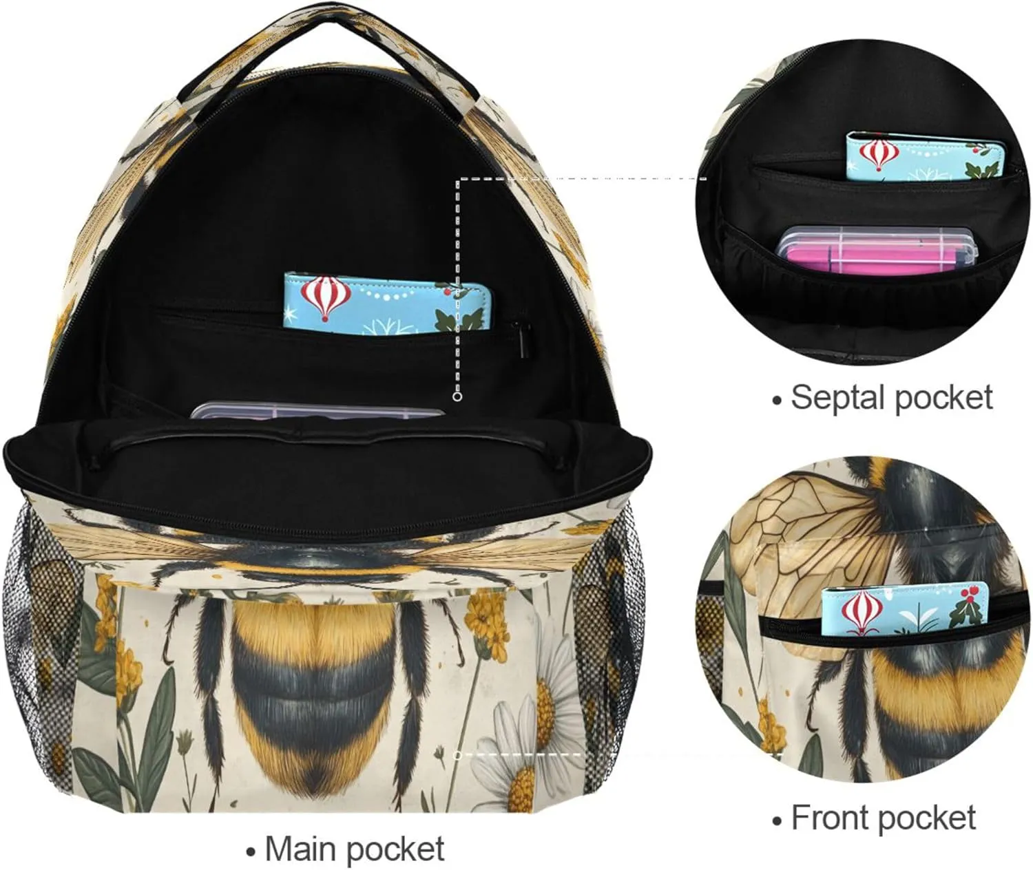 KLL Laptop Backpack for Teacher Nurse Fashion Laptop Bookbag with Chest Strap for Travel Trip Honey Bees Flowers