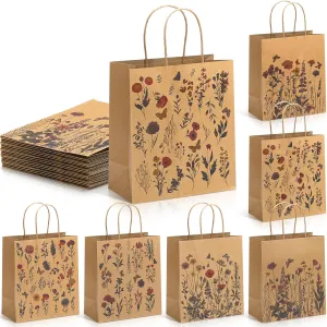 Kolldenn 24 Pcs Vintage Floral Wildflower Gift Bags Flower Kraft Paper Printed Candy Goodie Bags with Handles for Spring Summer Party Supplies Mother's Day Wedding Baby Shower Birthday Celebration
