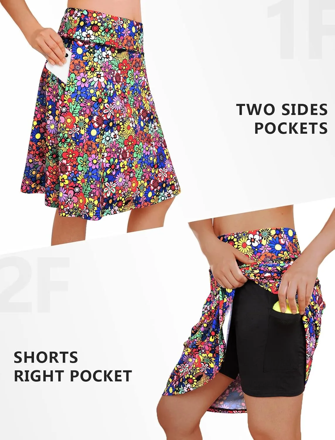 KORALHY 20" Knee Length Skorts Skirts for Women, High Waisted Tennis Athletic Skirt with Zipper Pocket