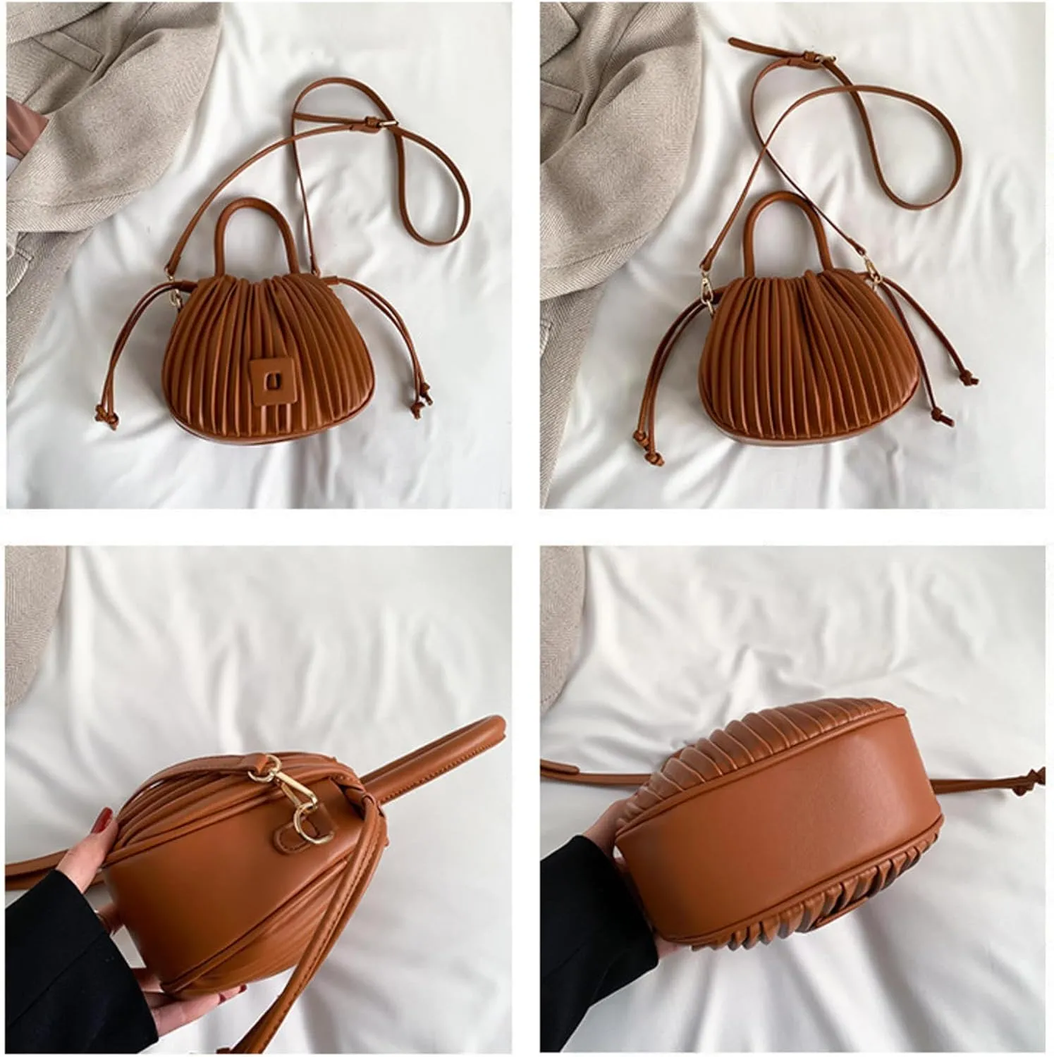 Korean Style Fashionable Pleated Personalized Ins Texture Handbag Shoulder Crossbody PU Bucket Bag For Women