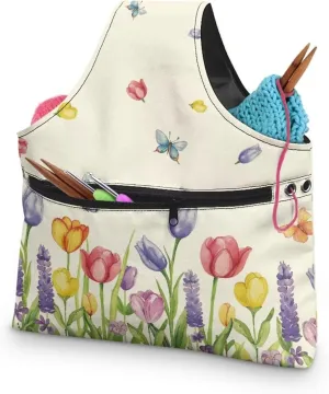KUIFORTI Floral Knitting Yarn Bag, Yarn Bags for Crocheting on The Go Crochet Organizer Storage Bag, Yarn Tote for Crochet Accessories, Knitting Needles, Fit for Women Girls at Home Travel, Large Size