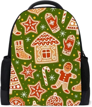 Kuizee Backpack Daypack Daily Rucksack ﻿Christmas Gingerbread Cookies Green Book Bags Casual Bags Durable Polyester College School Travel 11×16Inch