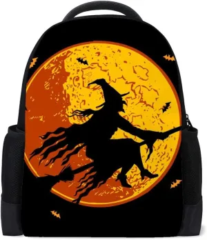 Kuizee Classic Backpack Adjustable Padded Shoulder Straps Daypack ﻿Black Silhouette Witch Full Moon Halloween Book Bag Casual Bags Durable College School Daily 16Inch