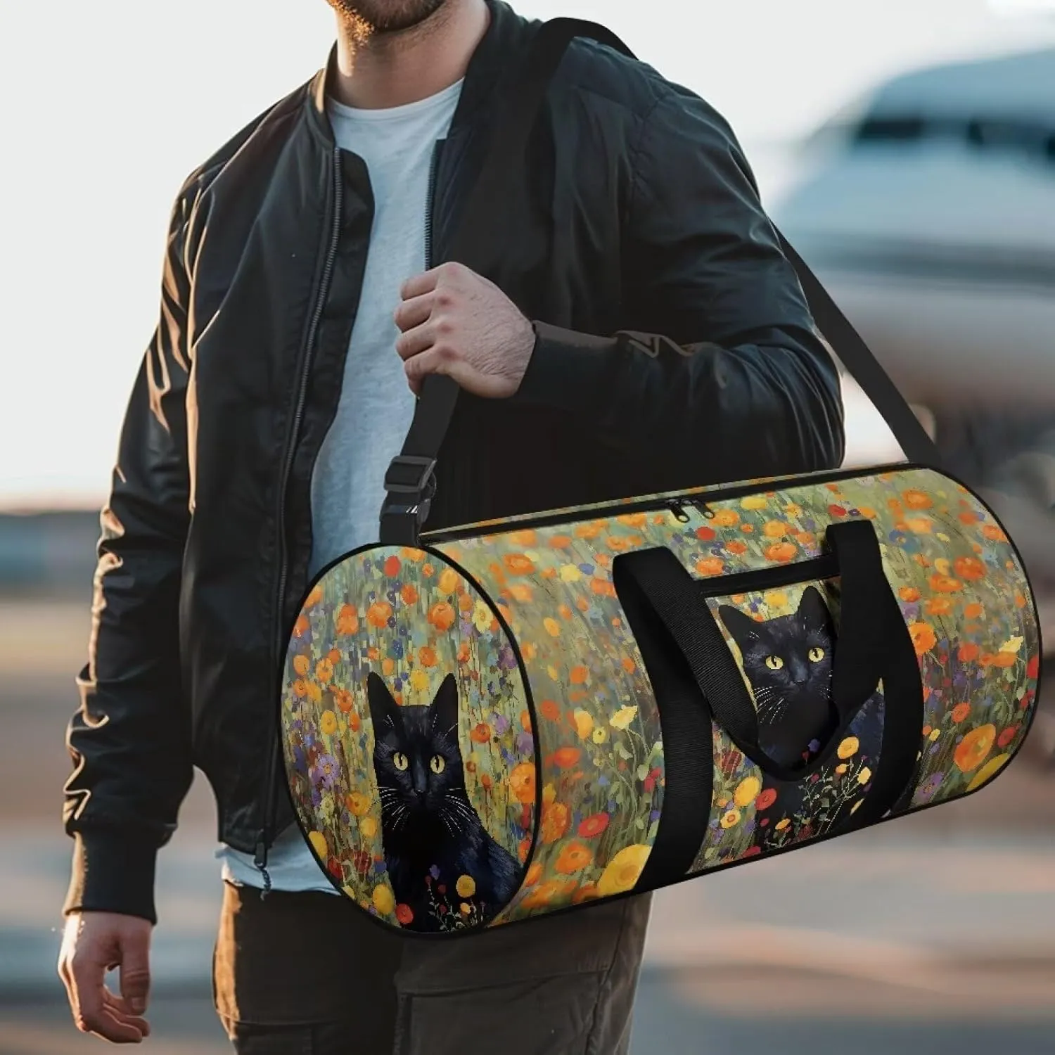 Large Duffel Bags for Traveling Overnight Bag Lightweight Tote Bag Travel Bag with An Anti-Theft Pocket for Women and Men, Colorful Floral and Black Cat