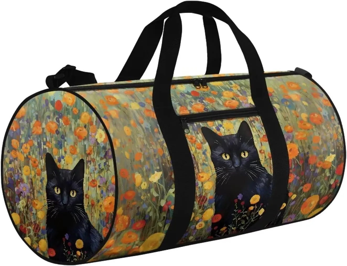 Large Duffel Bags for Traveling Overnight Bag Lightweight Tote Bag Travel Bag with An Anti-Theft Pocket for Women and Men, Colorful Floral and Black Cat