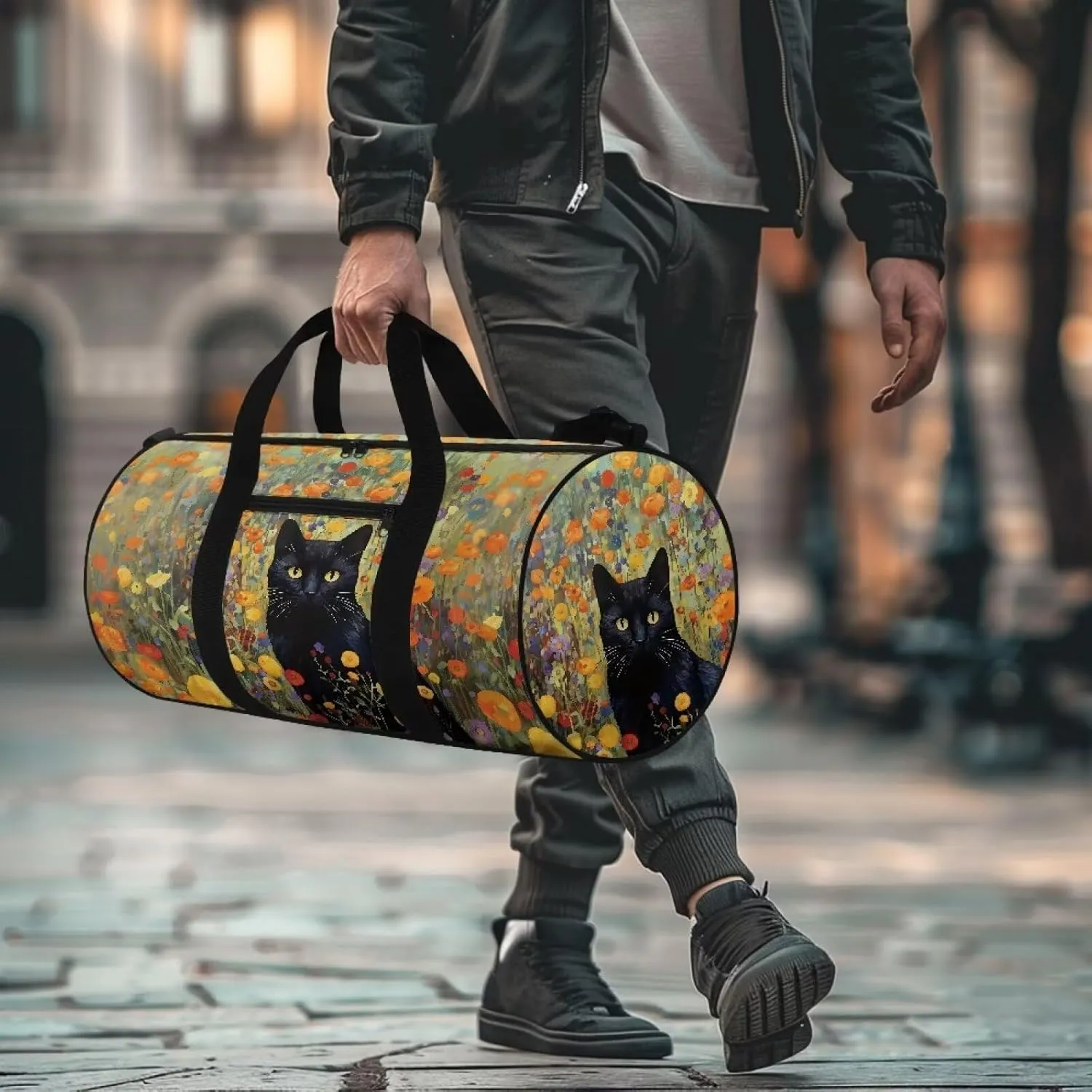 Large Duffel Bags for Traveling Overnight Bag Lightweight Tote Bag Travel Bag with An Anti-Theft Pocket for Women and Men, Colorful Floral and Black Cat