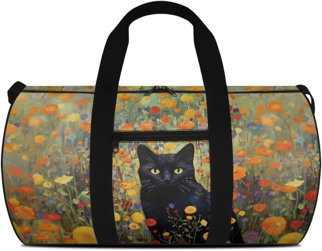 Large Duffel Bags for Traveling Overnight Bag Lightweight Tote Bag Travel Bag with An Anti-Theft Pocket for Women and Men, Colorful Floral and Black Cat