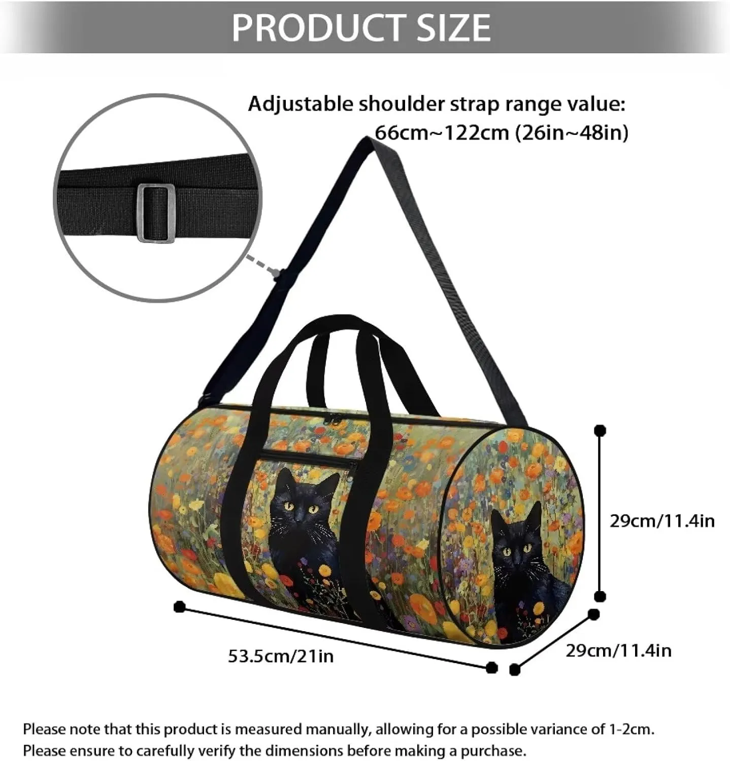 Large Duffel Bags for Traveling Overnight Bag Lightweight Tote Bag Travel Bag with An Anti-Theft Pocket for Women and Men, Colorful Floral and Black Cat