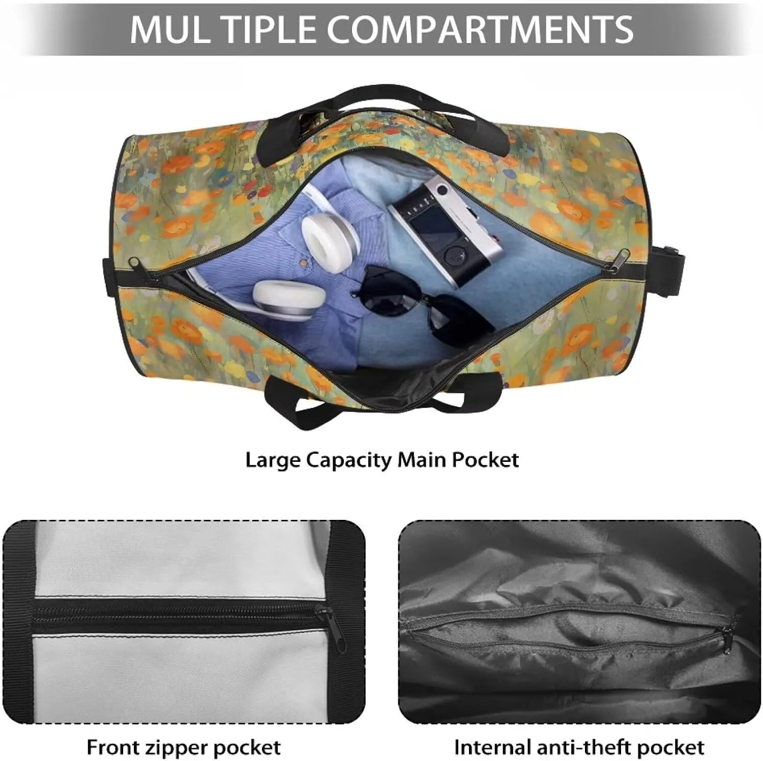 Large Duffel Bags for Traveling Overnight Bag Lightweight Tote Bag Travel Bag with An Anti-Theft Pocket for Women and Men, Colorful Floral and Black Cat