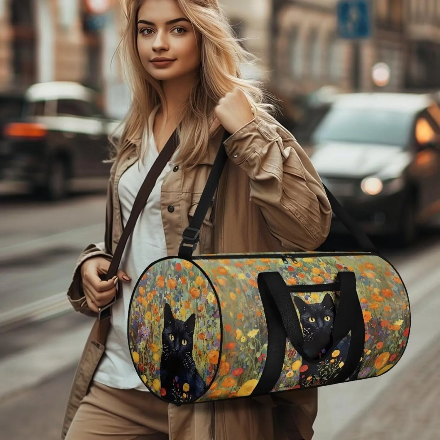 Large Duffel Bags for Traveling Overnight Bag Lightweight Tote Bag Travel Bag with An Anti-Theft Pocket for Women and Men, Colorful Floral and Black Cat