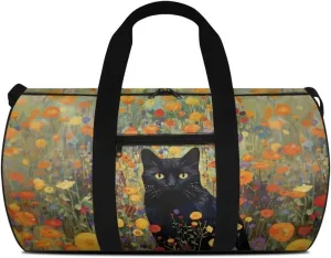 Large Duffel Bags for Traveling Overnight Bag Lightweight Tote Bag Travel Bag with An Anti-Theft Pocket for Women and Men, Colorful Floral and Black Cat