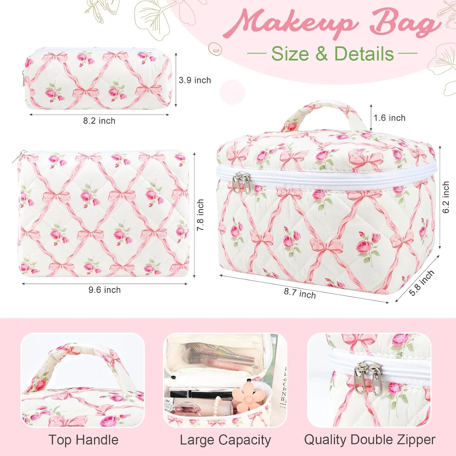 Large Makeup Bag Quilted Makeup Bags Set Cute Cosmetic Bag for Women Girls Floral Coquette Aesthetic Toiletry Bag Travel Make Up Organizer Pink Skincare Bag
