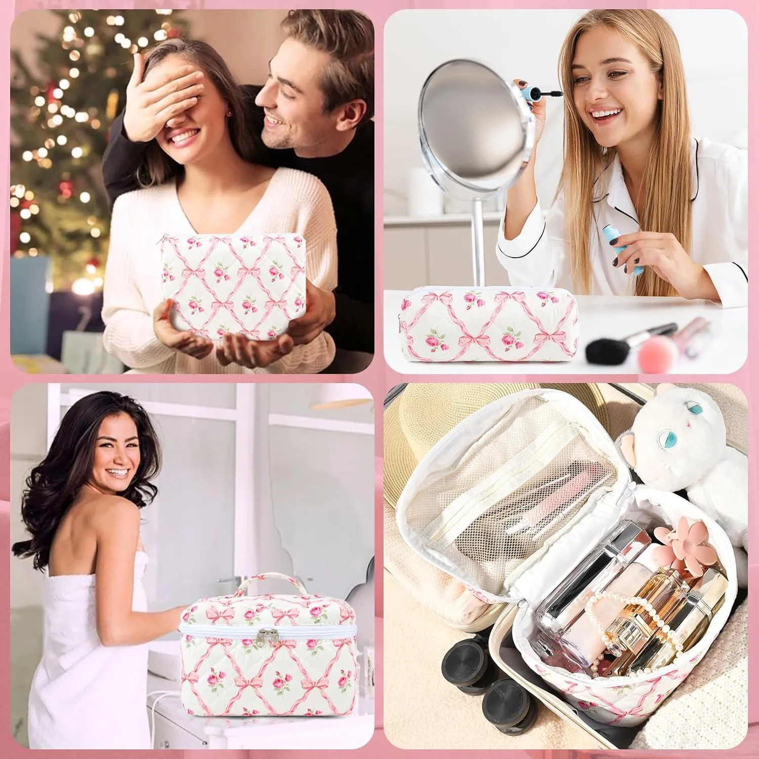 Large Makeup Bag Quilted Makeup Bags Set Cute Cosmetic Bag for Women Girls Floral Coquette Aesthetic Toiletry Bag Travel Make Up Organizer Pink Skincare Bag