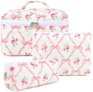 Large Makeup Bag Quilted Makeup Bags Set Cute Cosmetic Bag for Women Girls Floral Coquette Aesthetic Toiletry Bag Travel Make Up Organizer Pink Skincare Bag