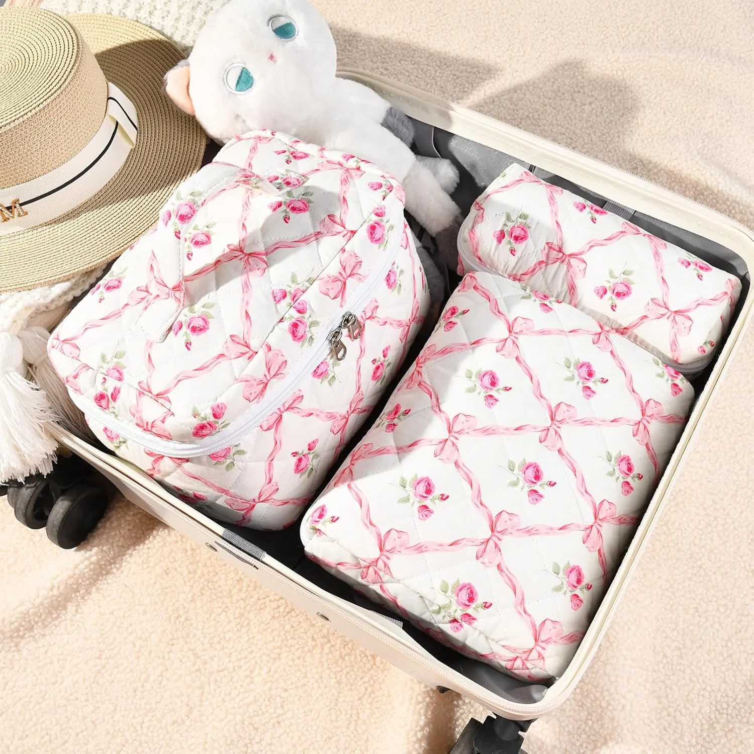 Large Makeup Bag Quilted Makeup Bags Set Cute Cosmetic Bag for Women Girls Floral Coquette Aesthetic Toiletry Bag Travel Make Up Organizer Pink Skincare Bag