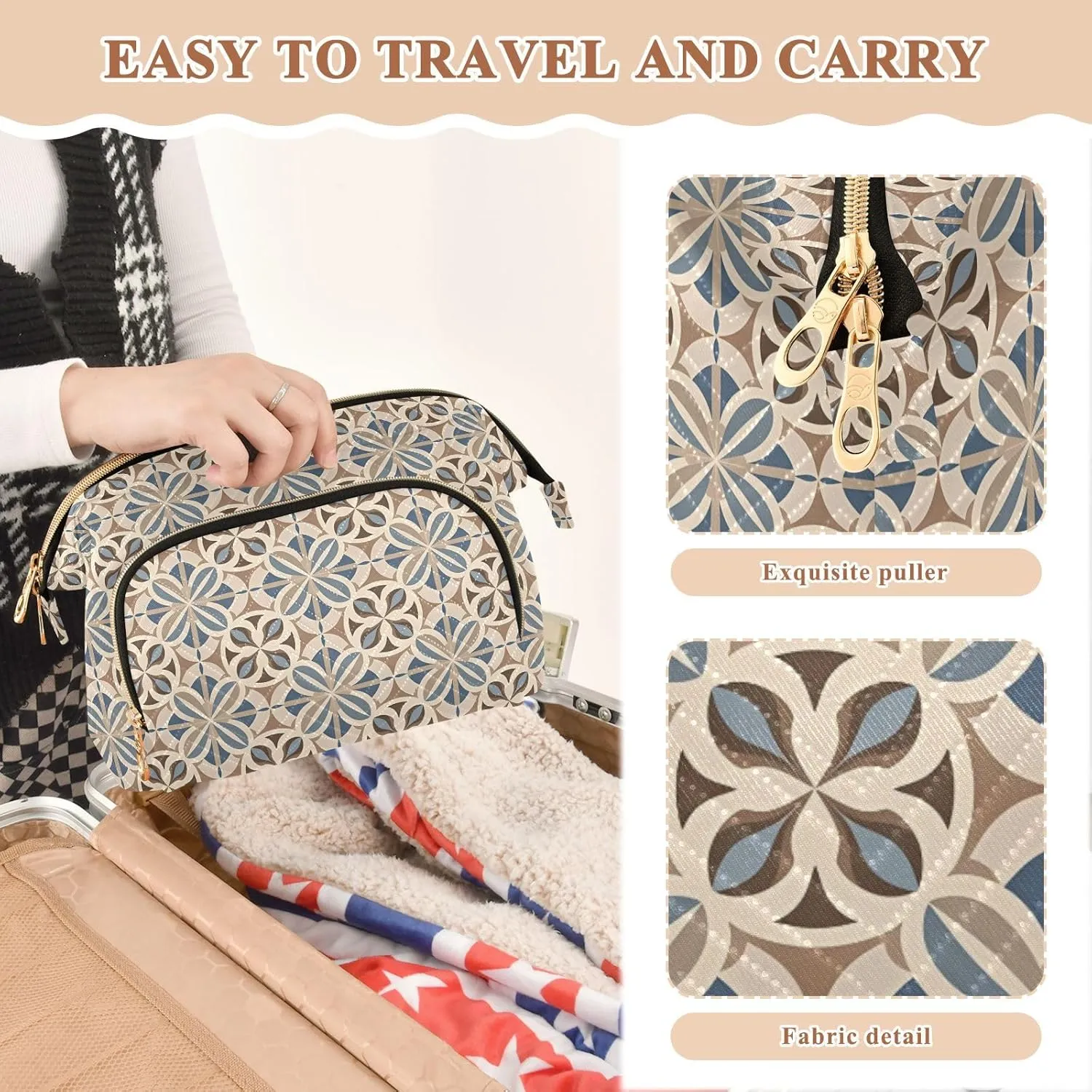 Large Quilted Makeup Organizer Travel Bag with Rectangular Padded Design
