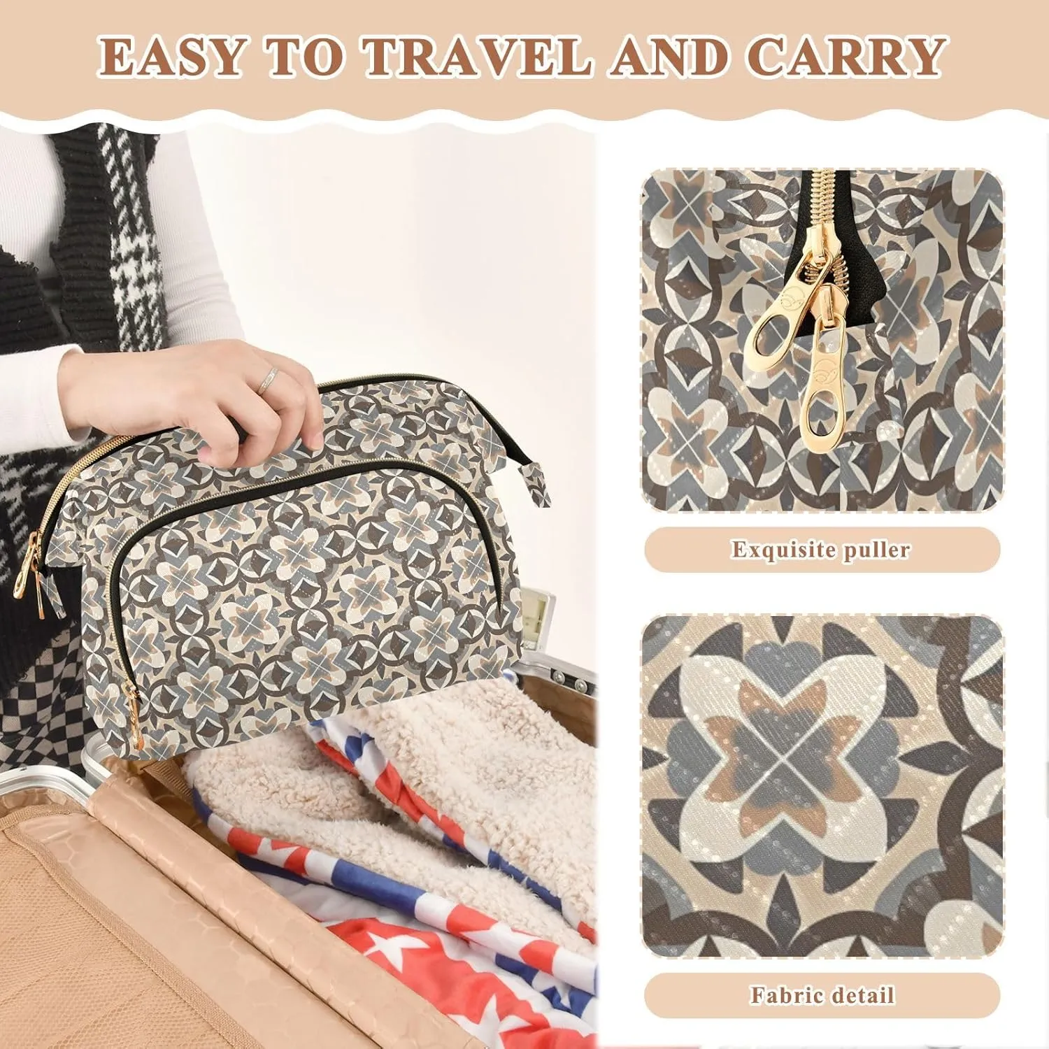 Large Quilted Makeup Organizer Travel Bag with Rectangular Padded Design