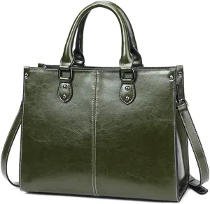 Large Satchel Handbag for Women Genuine Leather Top Handle Purse Fashion Shiny Leather Tote Crossbody Bag (Brown)