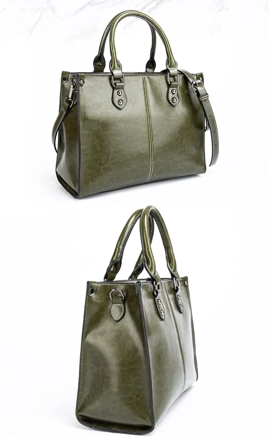 Large Satchel Handbag for Women Genuine Leather Top Handle Purse Fashion Shiny Leather Tote Crossbody Bag (Brown)