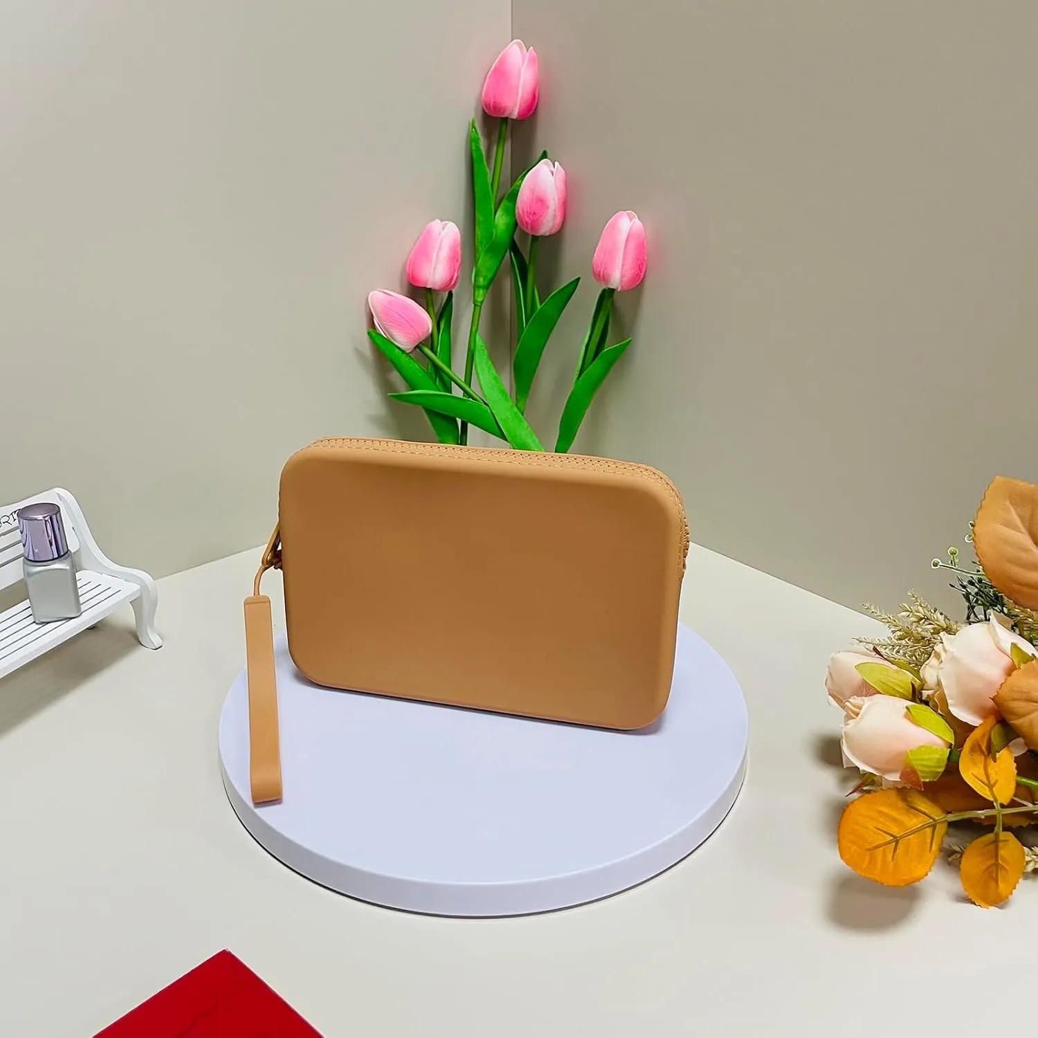 Large Silicone Multifunctional Essential Bag Portable Travel Makeup Bag for Women Men Cards Cash Bag Zipper Pouch (Khaki)