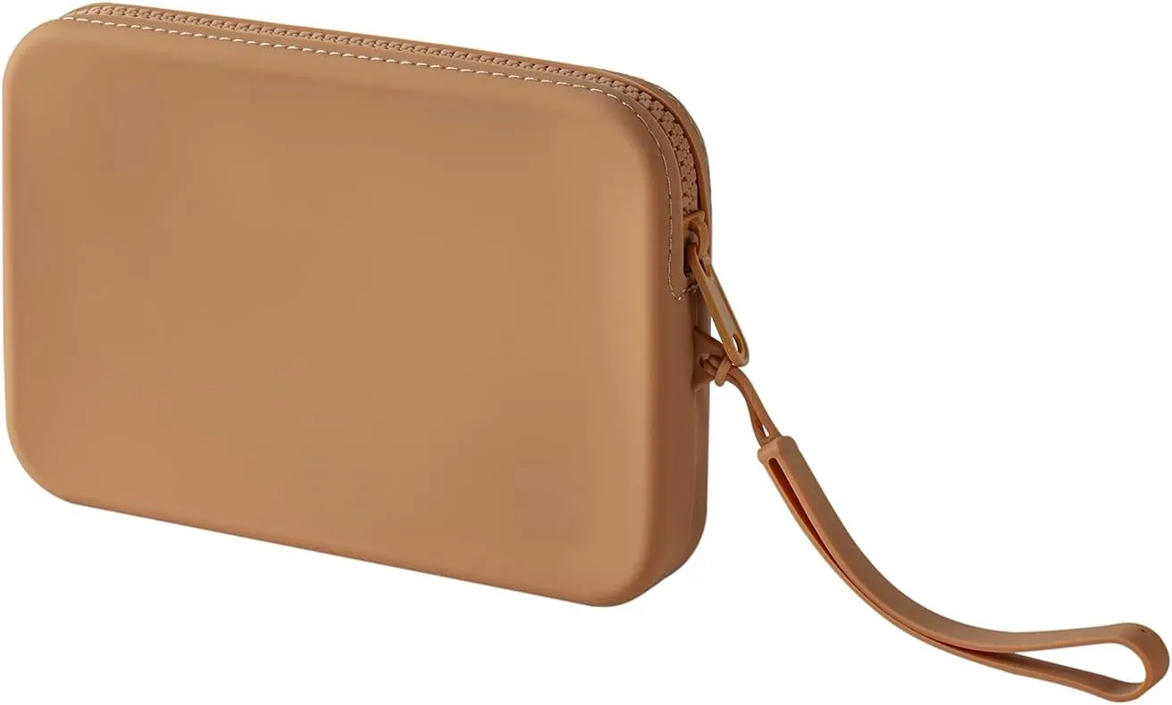 Large Silicone Multifunctional Essential Bag Portable Travel Makeup Bag for Women Men Cards Cash Bag Zipper Pouch (Khaki)